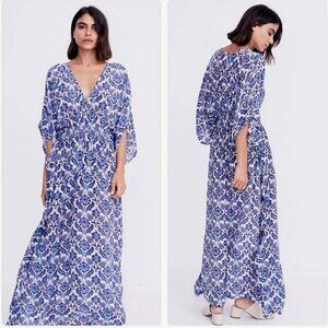 Anthropologie Rujuta Sheth Cinch Kaftan Maxi Dress Blue Lotus S/M Boho Bohemian